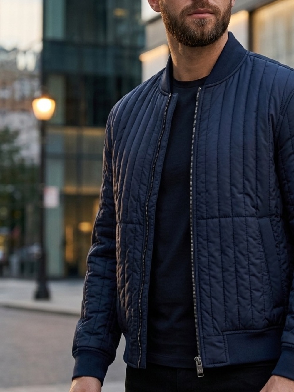Armani Exchange Blue Quilted Bomber Jacket with Stand-Up Collar